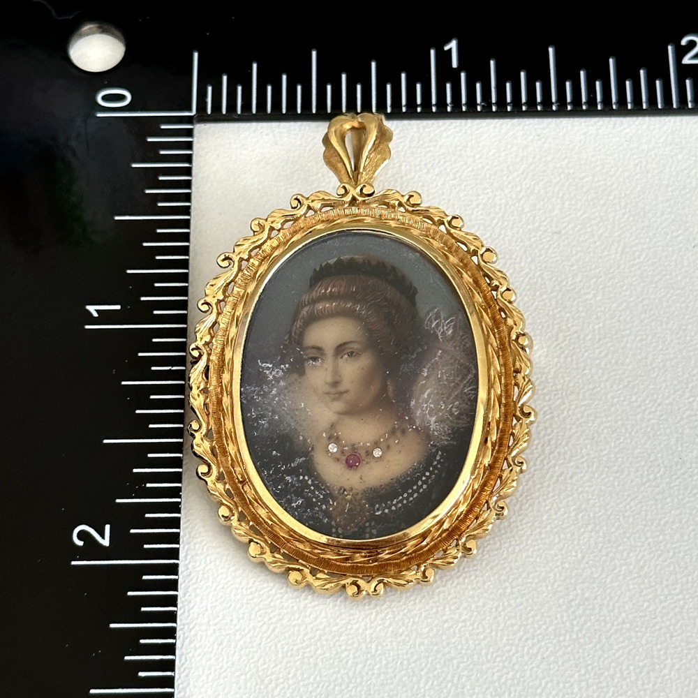 18K 750 Yellow Gold Antique Portrait Floral Scroll Framed Woman Pin Pendant - Picture 16 of 16
